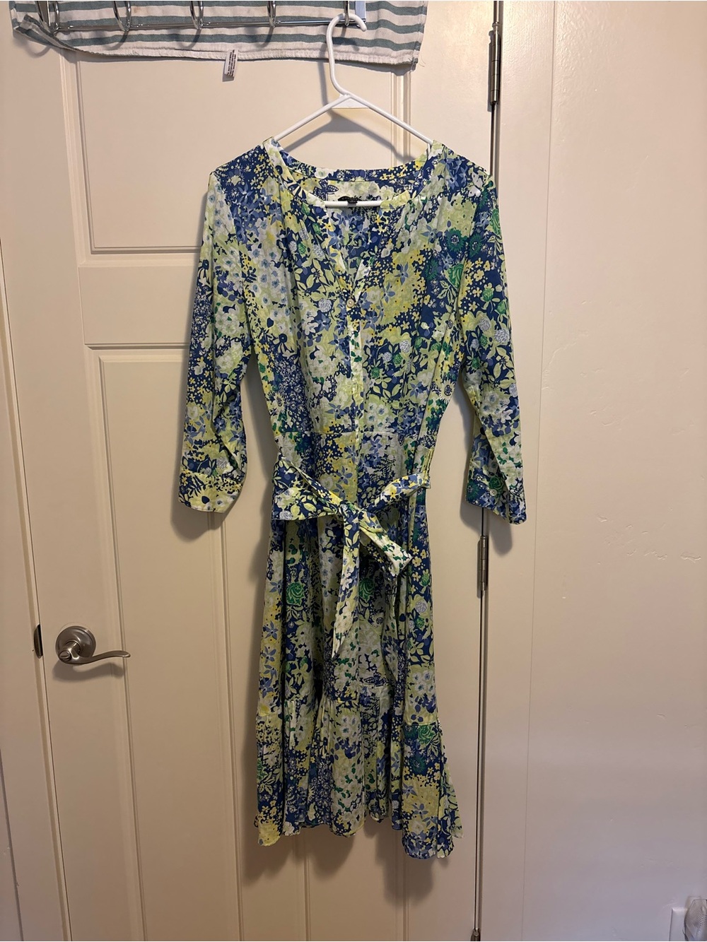 Talbots Blue and Green Floral Tie-Waist Long Sleeve Dress